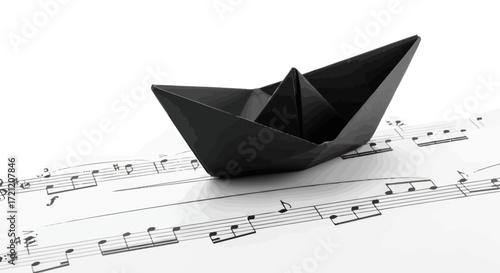 A black origami boat sets sail on a sea of musical notes creating a unique harmony