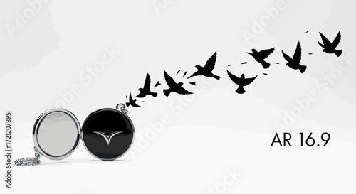 A Locket Unleashes a Flock of Birds in Artistic Rendition with Monochrome Aesthetic