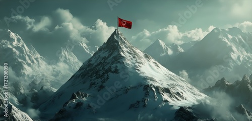 Snowy Mountain Peak With a Red Flag Waving Under a Cloudy Sky