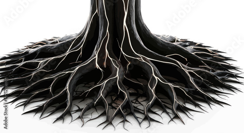 A stylized black tree trunk and roots with glowing white veins for nature concept
