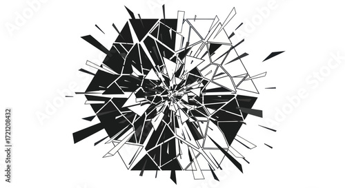 Black and white shattered geometric structure bursting on a clean backdrop concept design