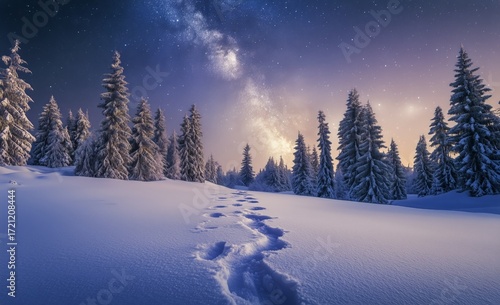 Winter Landscape With Snow-Covered Trees and Starry Sky at Twilight.