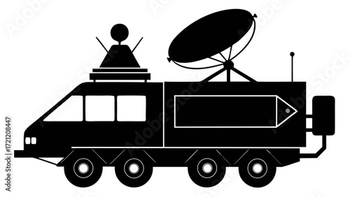 Mobile command center with satellite dish antenna, a symbol of communication, surveillance, and emergency response, originally a scalable vector graphic