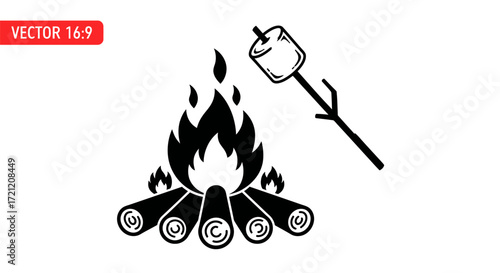Black and white vector drawing of a bonfire with logs and a marshmallow on a stick
