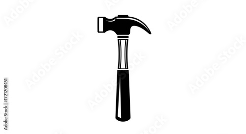 Black and white vector illustration of a classic hammer tool on white backdrop