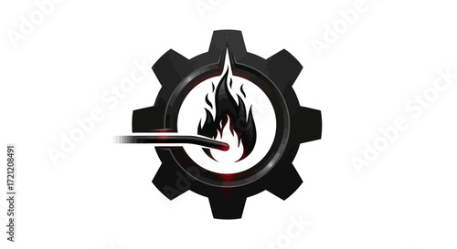 Black industrial gear with burning flame, signifying high performance technology