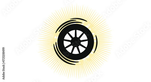 Black wheel emblem with stylized movement lines and radiating sunburst background design