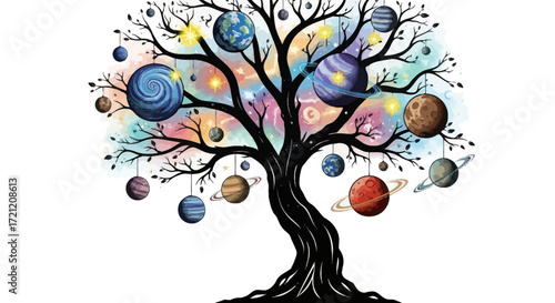 Celestial orchard a whimsical planet tree illustration with radiant planets and stars