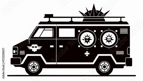 Apocalyptic modified van, perfect for graphic novels, post-apocalyptic themes, or edgy designs. Cool vector illustration for your next creative project