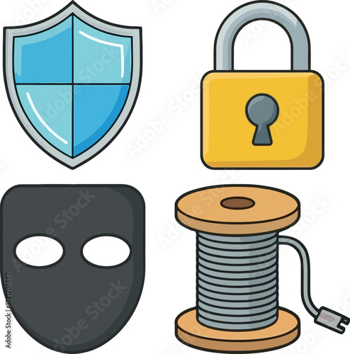 Illustration showing shield padlock mask and spool of wire icons