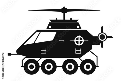 Futuristic military vehicle concept with rotor and wheels, a bold silhouette ready for adventure, perfect for sci-fi games and innovative designs