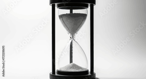 Classic hourglass with cascading grains symbolizing time's relentless flow, against a minimalist
