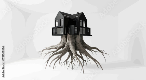 Conceptual residence perched atop a root system a fusion of natural and architectural elements