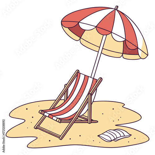 A cute beach chair sits under a striped umbrella with a book nearby