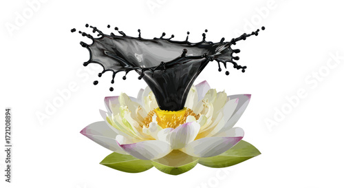 Contrast of nature and artifice: black liquid splash atop a pristine lotus blossom art