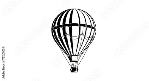 Detailed monochrome vintage hot air balloon illustration on a white background