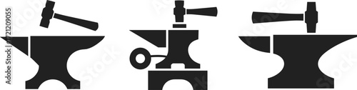 Anvil and hammer silhouette icons, black and white design, metalworking tool vector, forging setup illustration, industrial strike graphic, mechanical posture symbol set