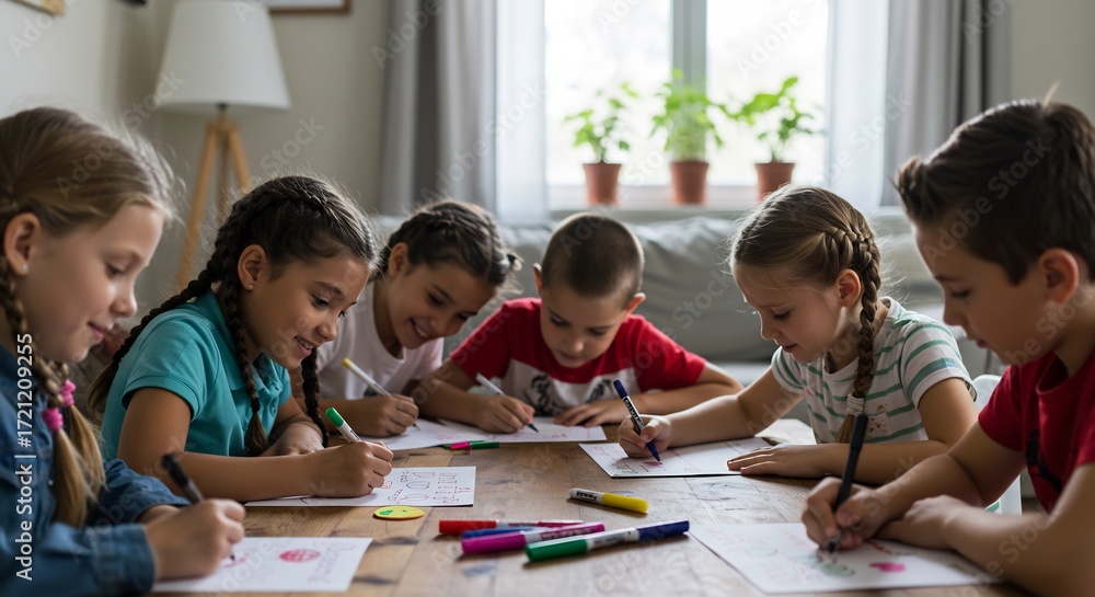 Fototapeta premium 笑顔輝く子供たち 集中して絵を描く 明るい室内. AI Generated