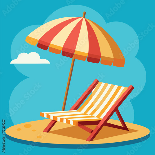Beach chair under the umbrella sits on sandy beach with blue background scenery