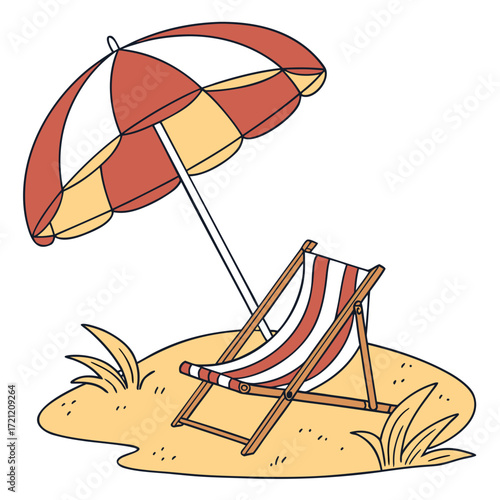Beach chair sits beneath a vibrant umbrella on the sand in warm sunlight