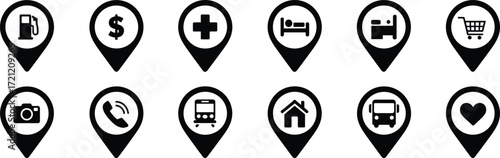 Location pin service icons, map marker symbols, black silhouette design, amenities and facilities vector, navigation graphic set, travel guide illustration, urban utility signs