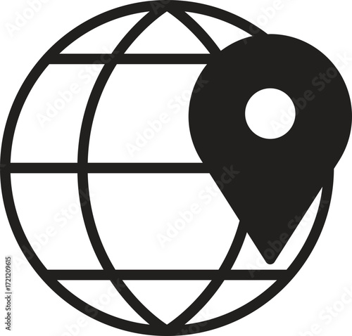 location, map, address icon Globe icon with a location pin symbolizing navigation and travel.