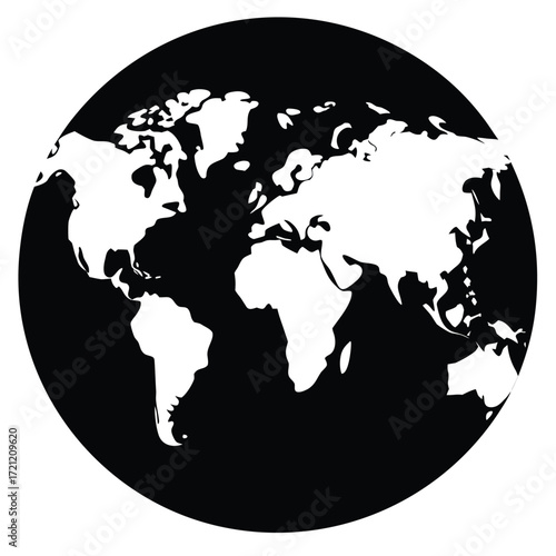 White continental landmasses float on a spherical planet with stark black ocean backdrop