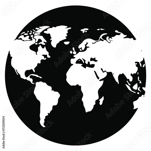 World map shows continents in white on a black globe circle background