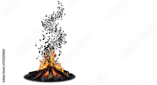 Harmonious bonfire: Music notes rising from flames in a symphony of warmth and rhythm