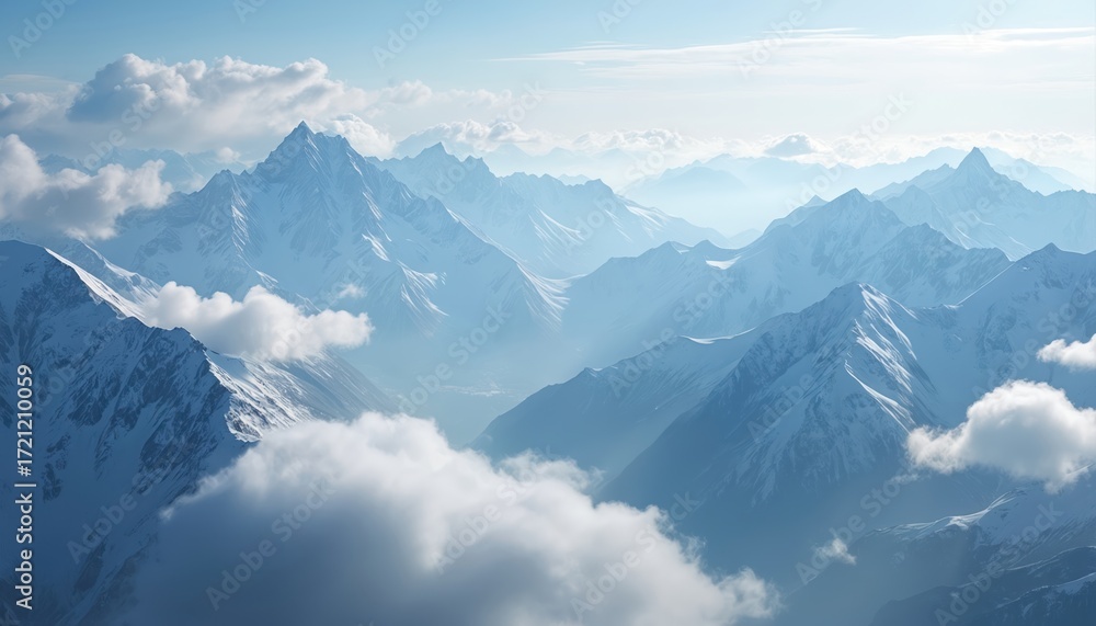 Obraz premium Majestic snow-capped mountain range partially obscured by fluffy clouds. Breathtaking panorama serene nature. Scenic landscape, travel, adventure, perfect background for postcard wallpaper.