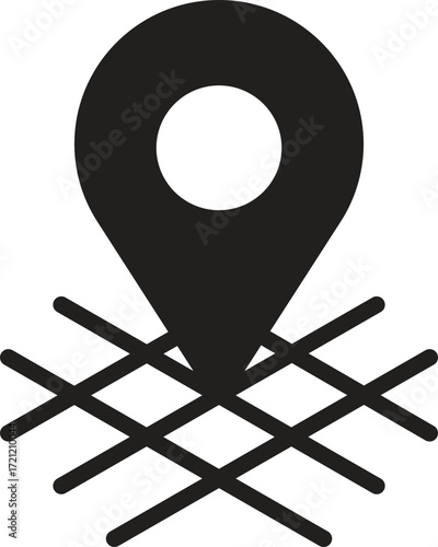 location, map, address icon Location pin over a grid pattern representing mapping technology.