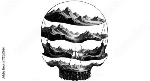 Illustrative skull featuring an interior mountain range, a striking blend of mortality and