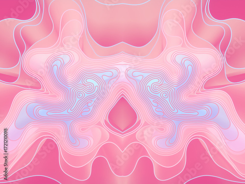 A dynamic symmetrical composition with undulating contours reminiscent of the flowing curves of fabric. Blue and bright pink gradients give the image a mysterious effect. 3d rendering illustration