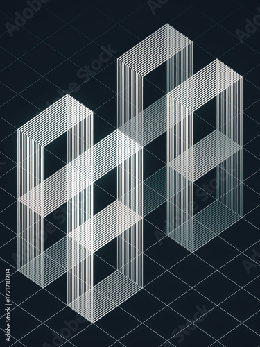 An abstract isometric shape made of intersecting lines on a dark grid background. A futuristic, high-tech design for technology, big data, and architecture concepts. 3d rendering
