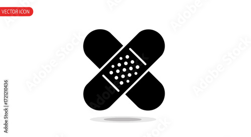 Minimalistic vector illustration of two crossed adhesive bandages in solid black color isolated on