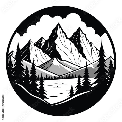 Mountain peaks beneath clouds and a forest appear inside a circular frame in grayscale