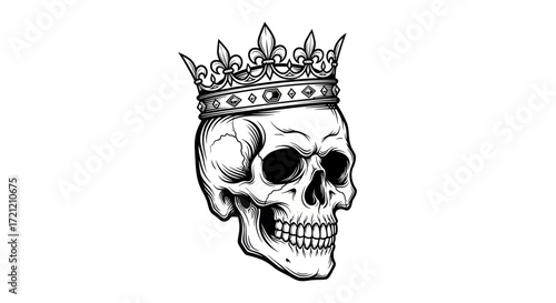 Monochrome Detailed Skull Wearing a Crown Illustration on a White Background