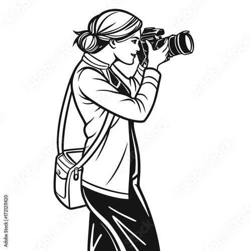 Monochromatic woman holds camera and captures with bag, line work