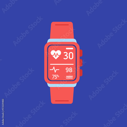Vector illustration of a red smartwatch displaying heart rate and steps data on a blue background, ideal for health and fitness tracking