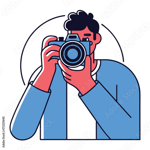 Focused darkhaired person is holding up a blue camera and taking a picture