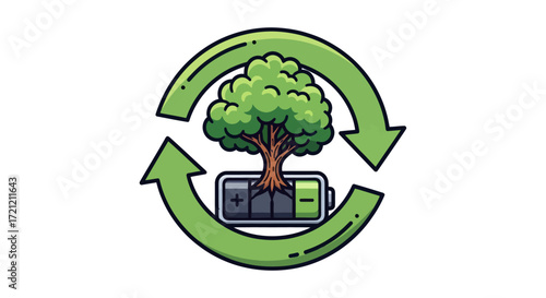 Symbolic illustration embodying sustainable energy through battery and nature integration