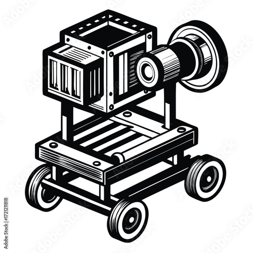 Detailed outline of a professional camera mounted on a tripod with a wheeled dolly