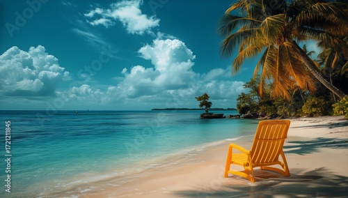 Bright Yellow Chair on a Tranquil Beach With Turquoise Waters and Palm Trees ...