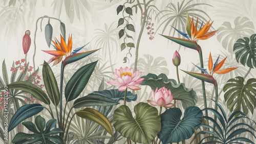 Exotic jungle mural with vibrant flowers and lush foliage, a tropical paradise for interior design and wallpaper
