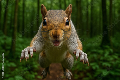 Close-Up of Squirrel Jumping Toward Camera in Forest Background