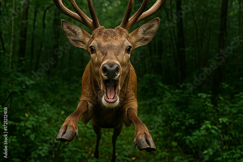 Wild Deer Jumping Forward with Open Mouth in Dense Green Forest Wilderness