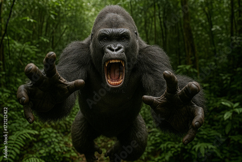 Powerful Gorilla Charging Forward with Open Mouth and Sharp Teeth in Dense Jungle Habitat