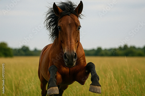 Strong Brown Horse Galloping Forward in Open Field with Mane Flowing in the Wind