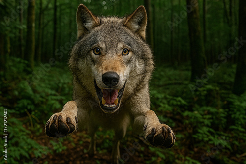 Wild Gray Wolf Leaping Forward with Open Mouth and Sharp Claws in Dense Forest Wilderness