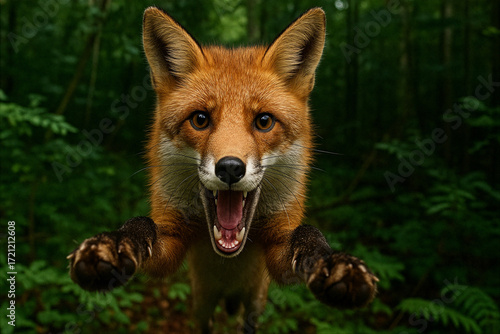 Wild Red Fox Leaping Forward with Open Mouth in Dense Forest Wilderness